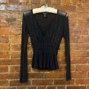 Sheer Metallic Black Long Sleeve V Neck Blouse